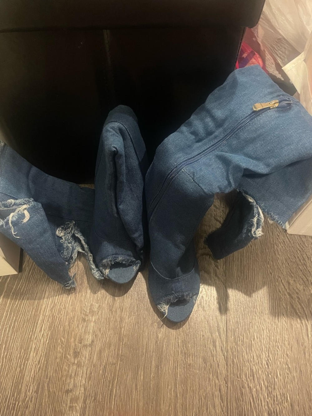 Miss Lola Dark Blue Distressed Open-Toe Heeled Boots
